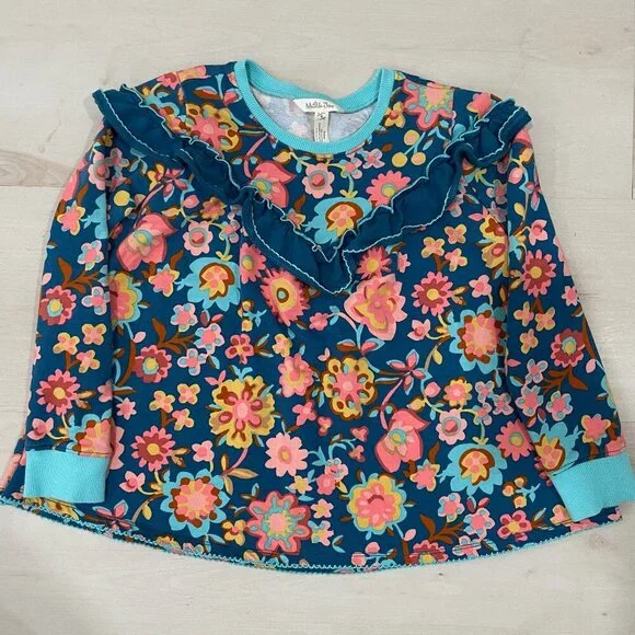 Matilda Jane Girls 8 Flower Forest Tunic Long Sleeve Floral Ruffles Teal - Picture 2 of 8